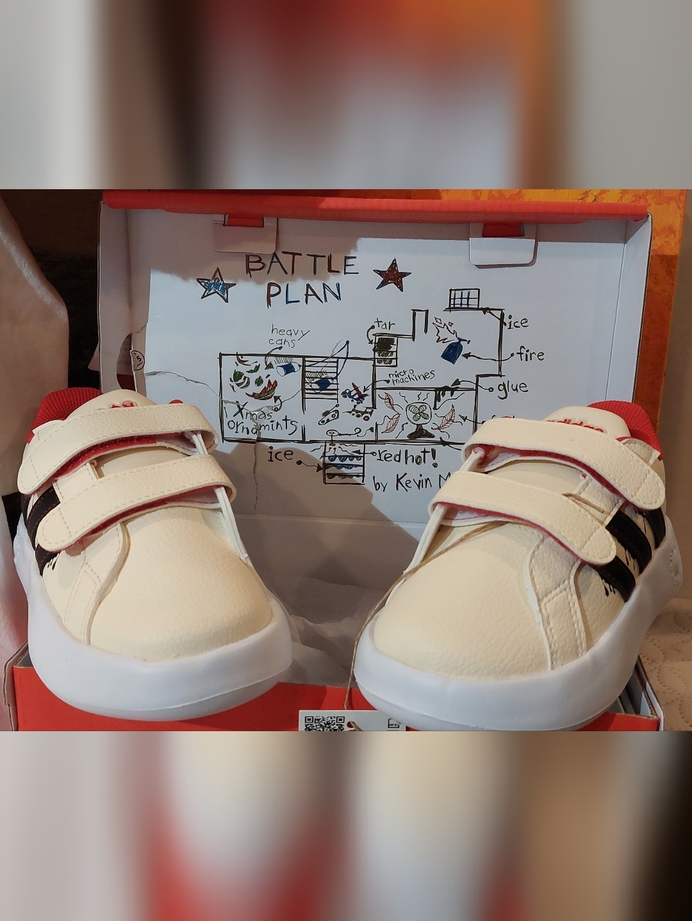 Kids Cream Velcro Sneakers with Black Stripe and Red Lining